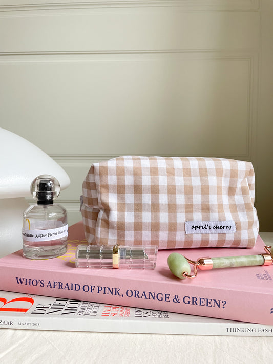 Beige Checkered Beauty Pouch Medium
