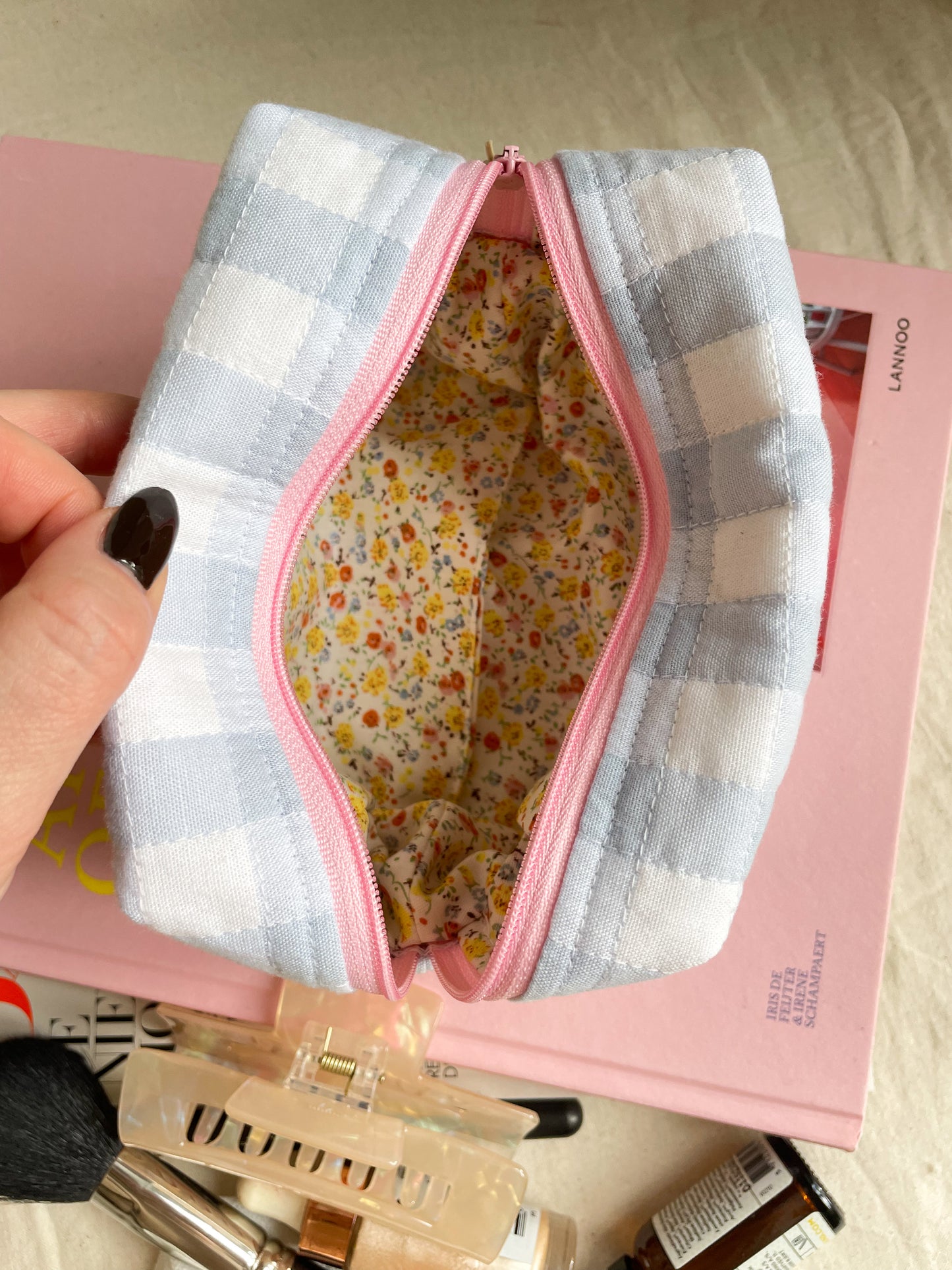 Baby Blue Checkered Beauty Pouch Small
