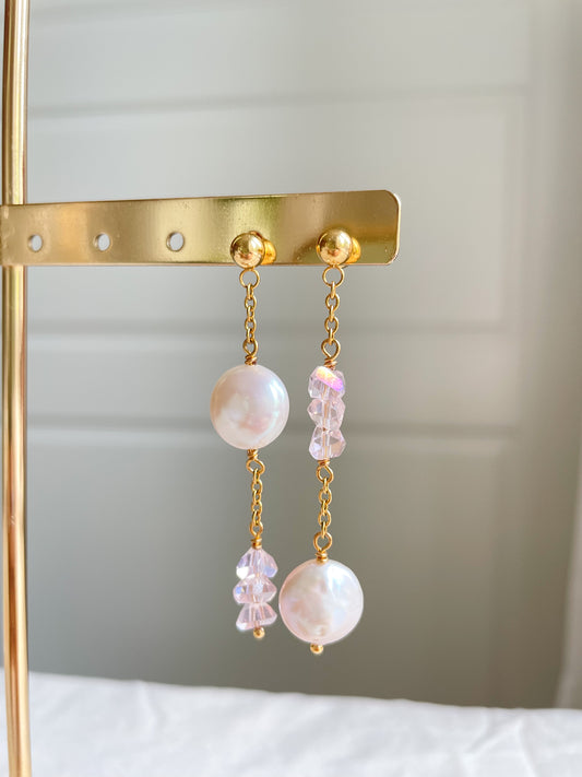 Rose Quartz Pearl Chain Earrings