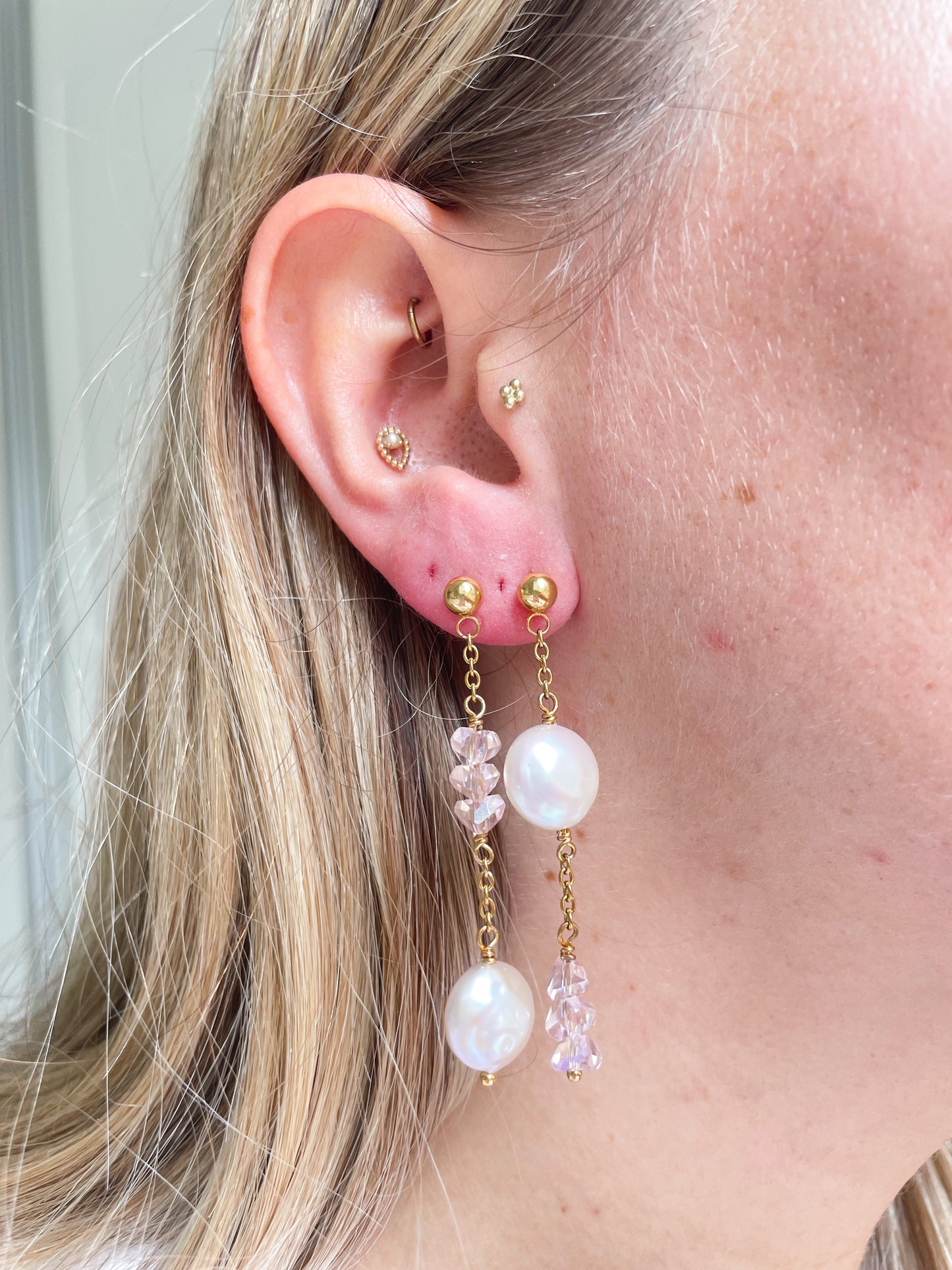 Rose Quartz Pearl Chain Earrings