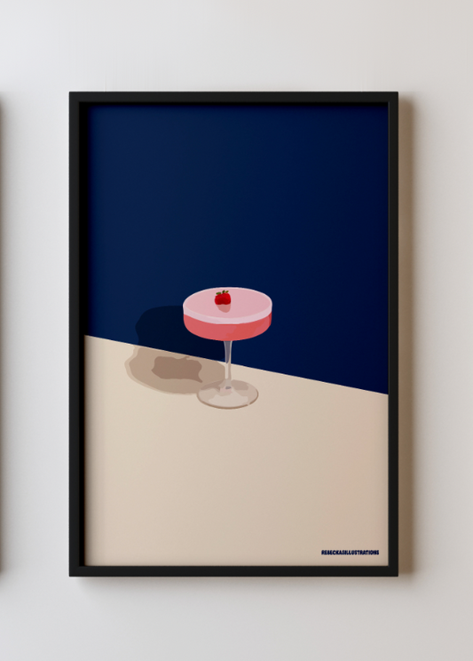 artwork with a pink cocktail against a bright blue background