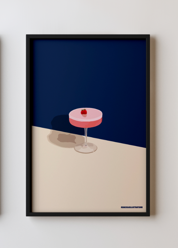 artwork with a pink cocktail against a bright blue background